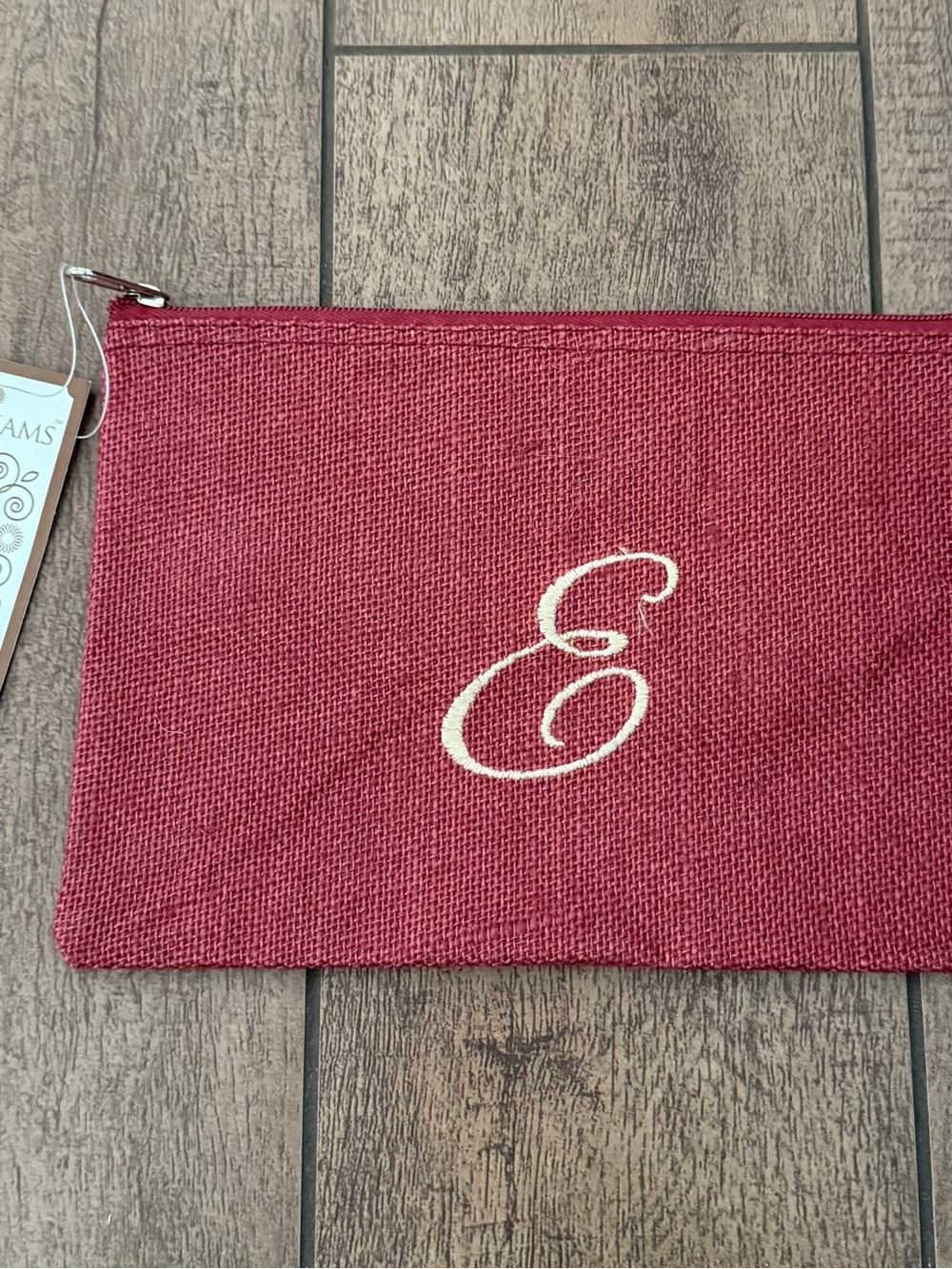 Kate Williams Monogram Canvas Pouch in Burgundy with E Initial